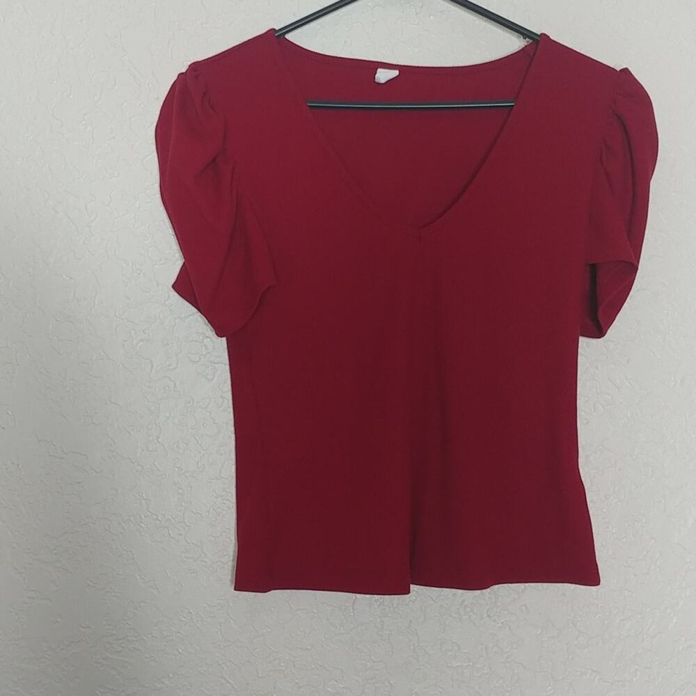 Ribbed Texture Short Sleeve Top Red Wine/Maroon Size M
